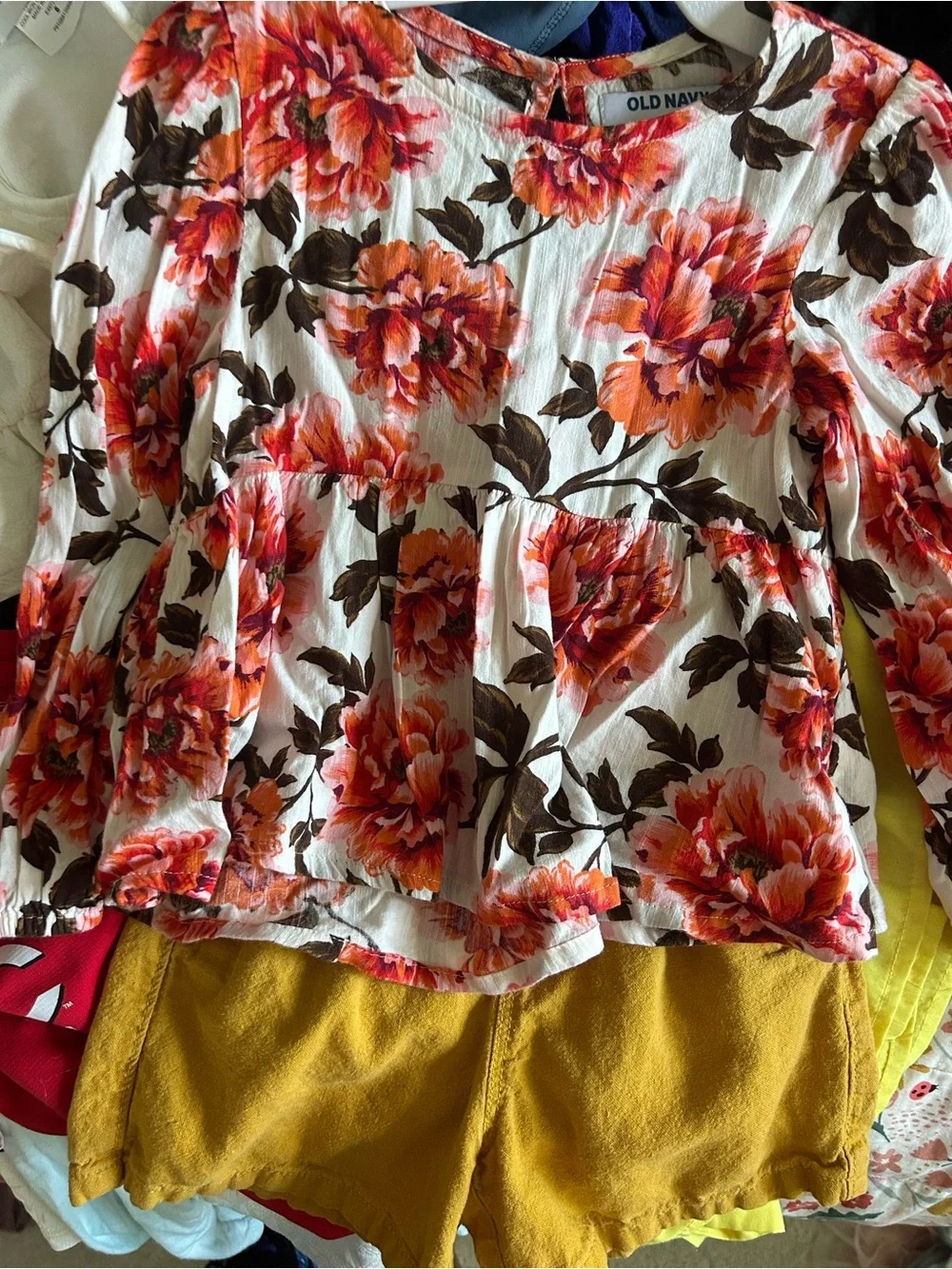 Old Navy White Top with Orange Floral Print + Mustard Yellow Shorts